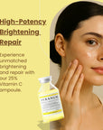 Model applying Veranum Active 25% Vitamin C Ampoule Serum with brightening and firming benefits highlighted