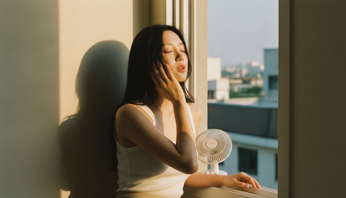 A woman pressing the cool back of her hand to a heat-flushed cheek by an open window in warm evening light