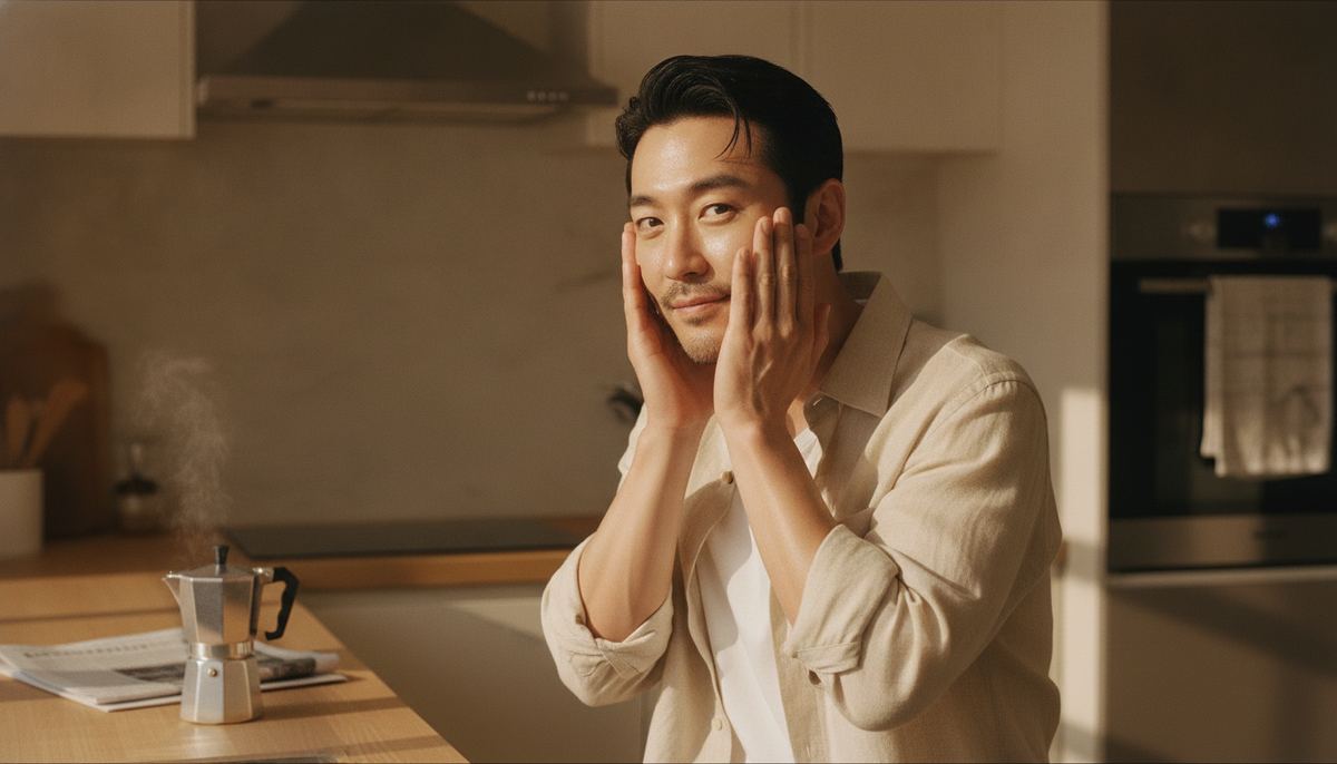 A Korean man in his mid-forties pressing serum into his cheeks at a sunlit kitchen counter on a weekday morning