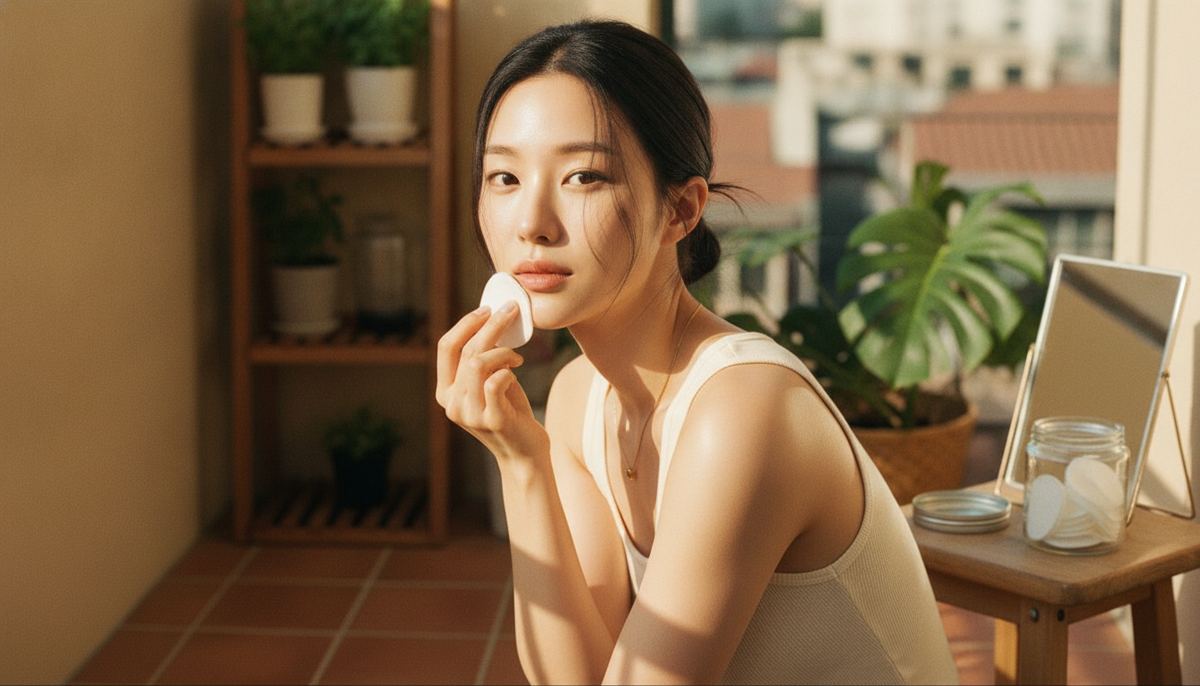 A young Korean woman on a sunlit balcony swiping a toner pad along her jawline