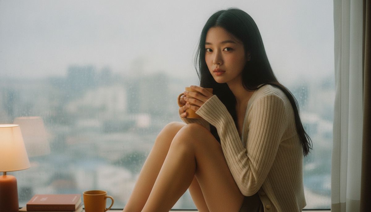 A young Korean woman with a warm mug at a rain-streaked window on a cool September morning — the season to reset skin after summer