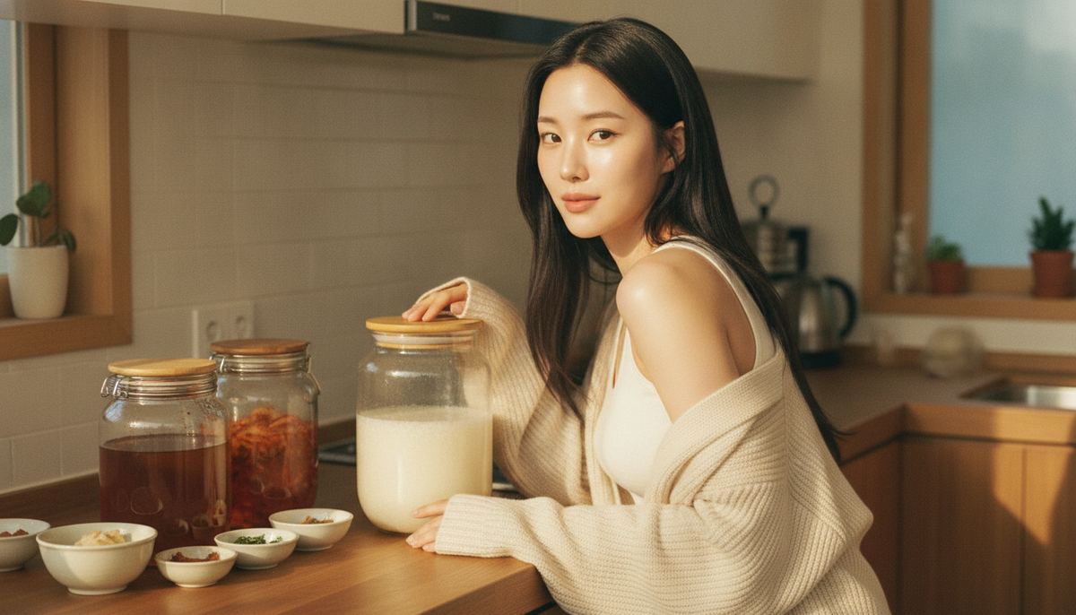 A young Korean woman leaning on a sunlit kitchen counter beside glass jars of fermenting rice and tea — the home of fermented skincare's origin story
