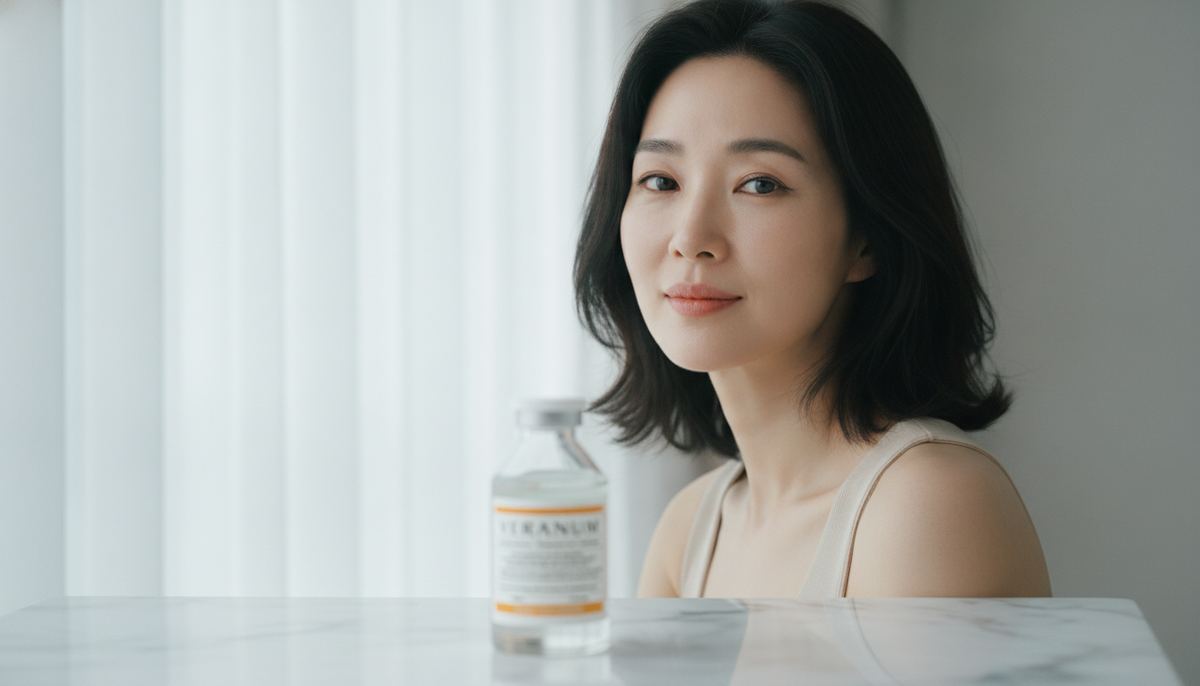 Soft window light on a woman's bare face in her early 40s, showing natural radiance with a Veranum Cicapair Repair Ampoule blurred in the foreground on a marble vanity