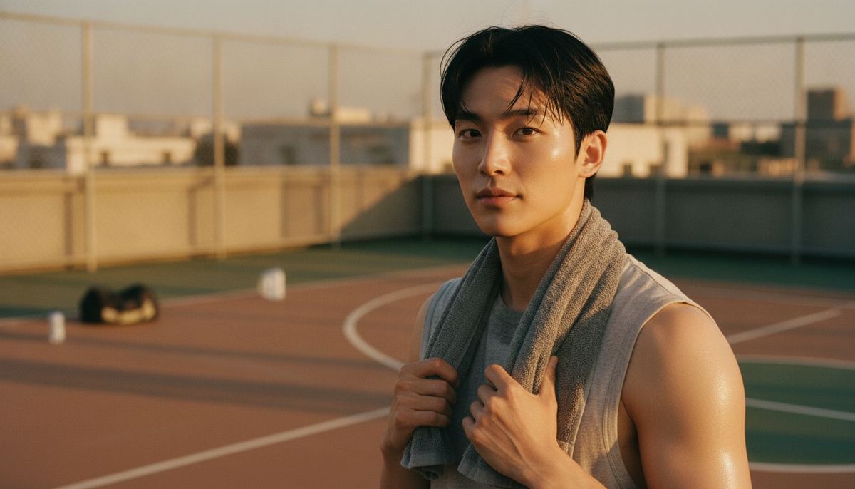 A Korean man towelling off on a rooftop basketball court at golden hour — the starting point of a simple oily-skin routine for men