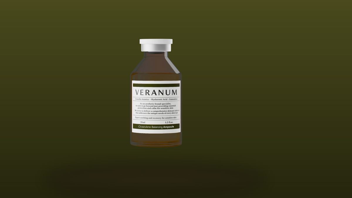 Veranum Cicazulene Balancing Ampoule on a deep olive backdrop — the calming step for fall skin redness