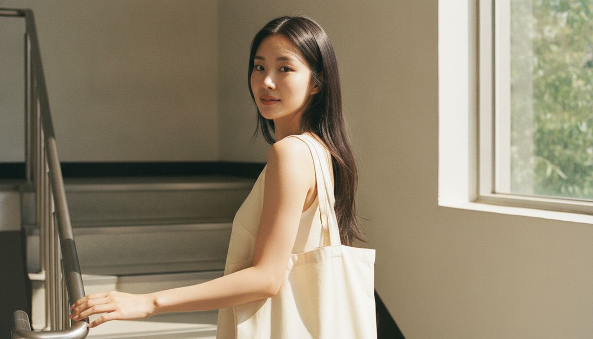 Young Korean woman turning back over her shoulder in a sunlit stairwell — the Glow Lab complete guide to peptides in skincare