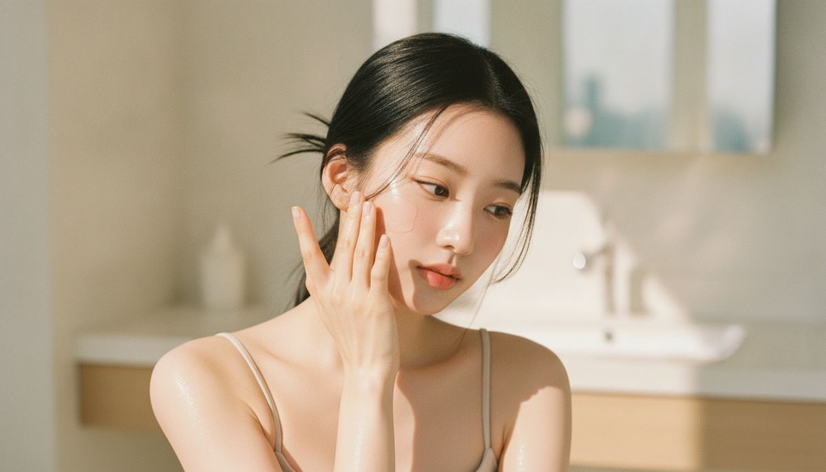Woman gently patting a light skincare layer into her cheek during her morning Korean skincare routine
