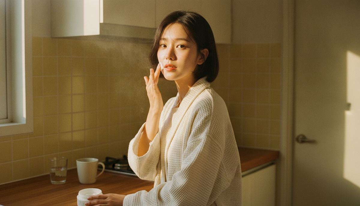 Korean woman in a cream robe patting a dab of bland moisturizer onto her cheek at a sunlit kitchen counter the morning after a chemical peel