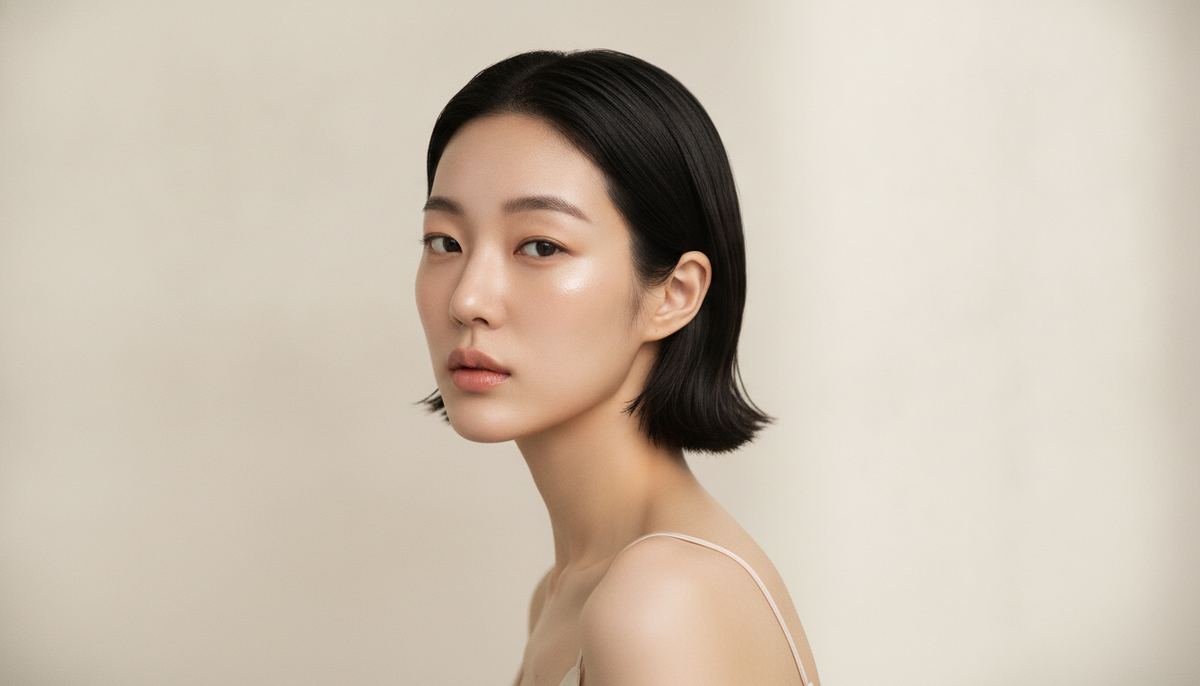 K-beauty muse with luminous glass skin in a soft editorial studio portrait