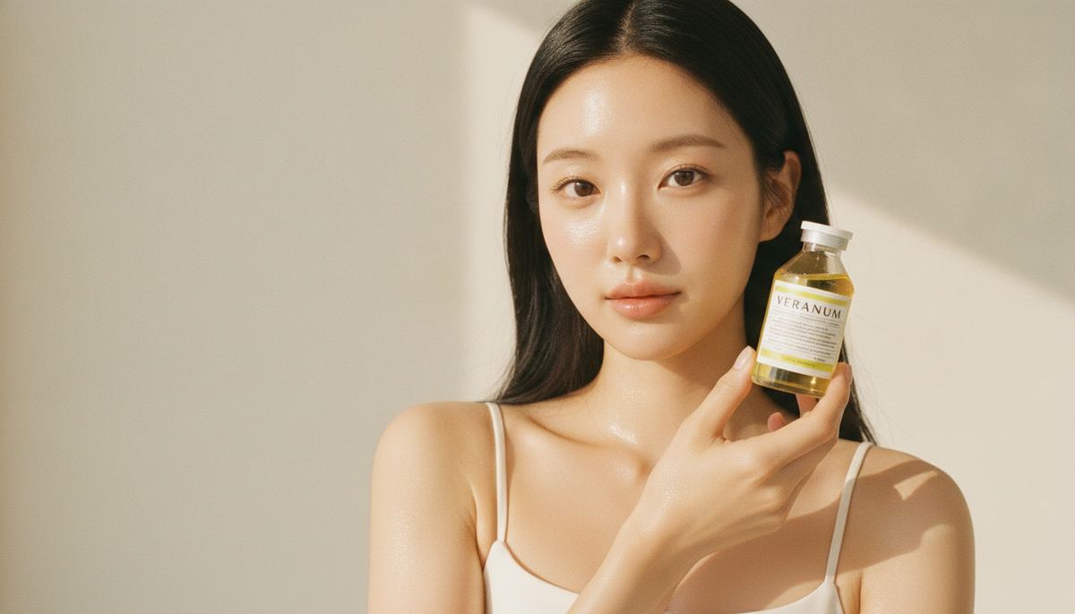 Korean woman holding the Veranum Active C vitamin C ampoule in soft morning light