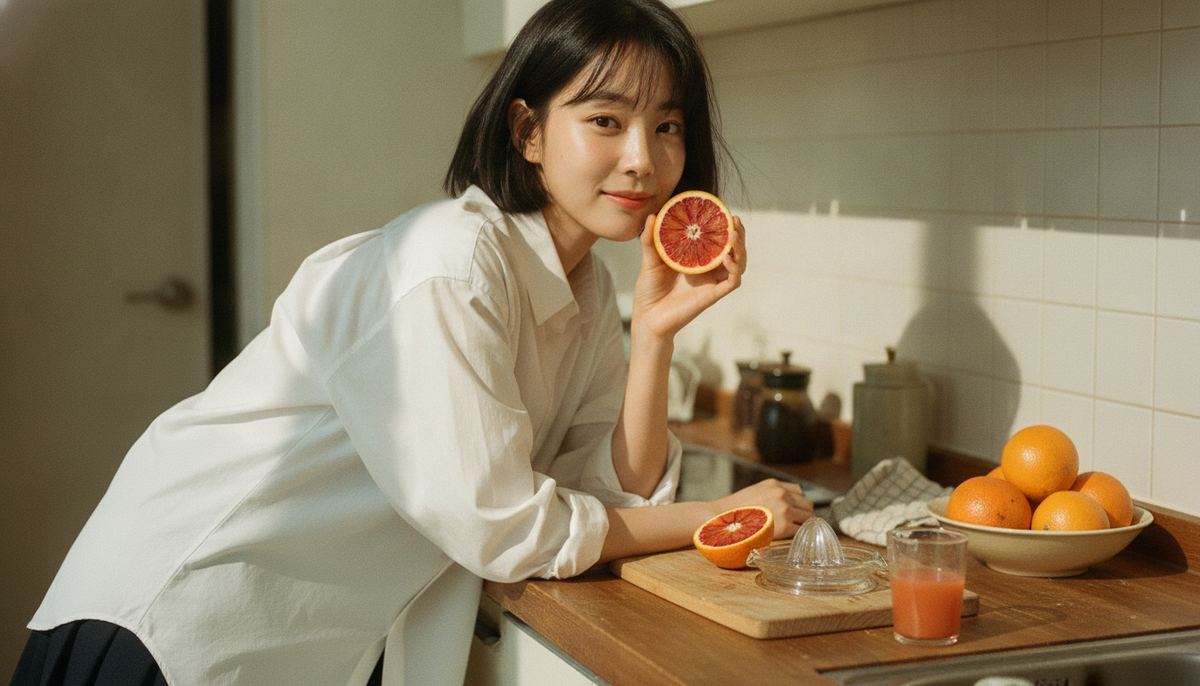Korean woman in a sunlit Seoul kitchen holding a halved blood orange beside her jaw — vitamin C, the complete guide