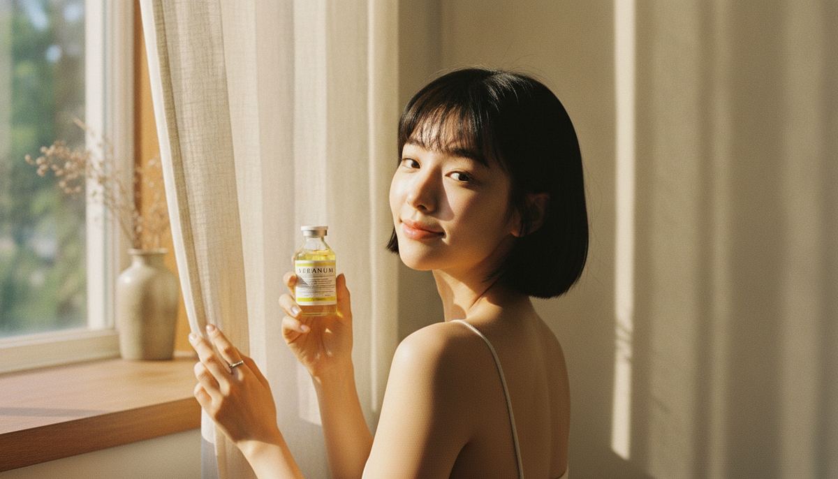 A woman turning toward the camera in sunlit window light, holding a Veranum Active C brightening ampoule