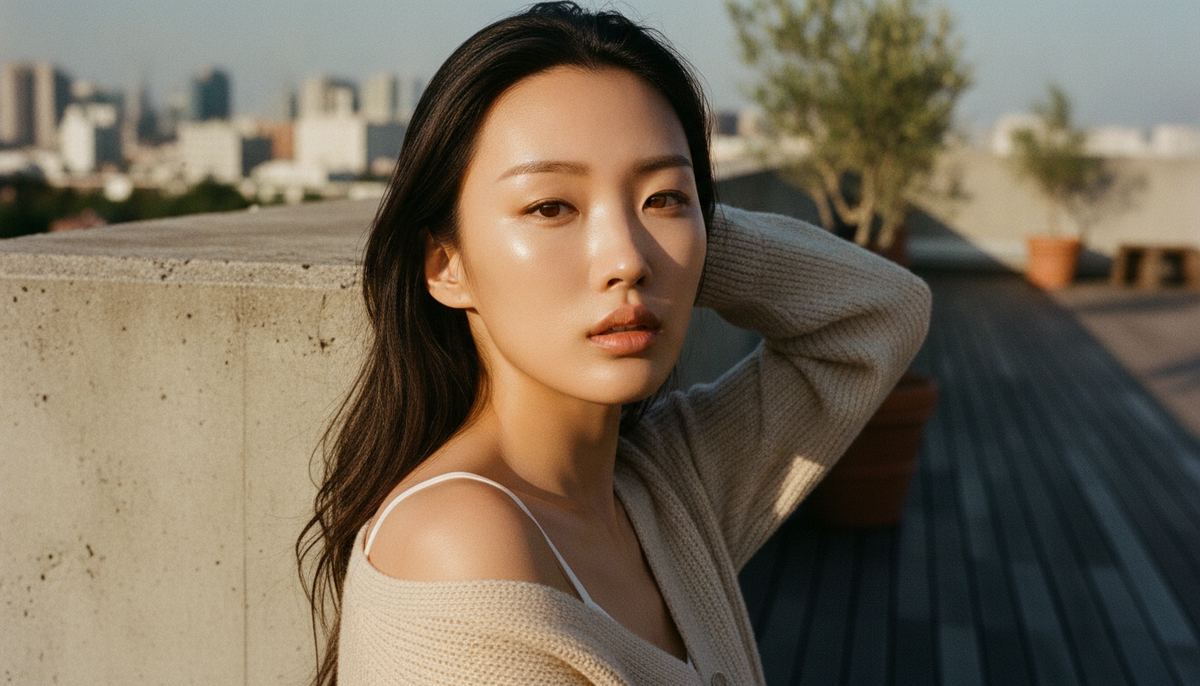 Korean woman in her twenties on a rooftop at golden hour, low sun raking across glowing skin — dull skin is a light problem