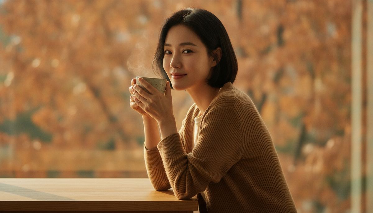 Korean woman in her mid-40s holding a warm cup of tea at a kitchen window on a late-October morning