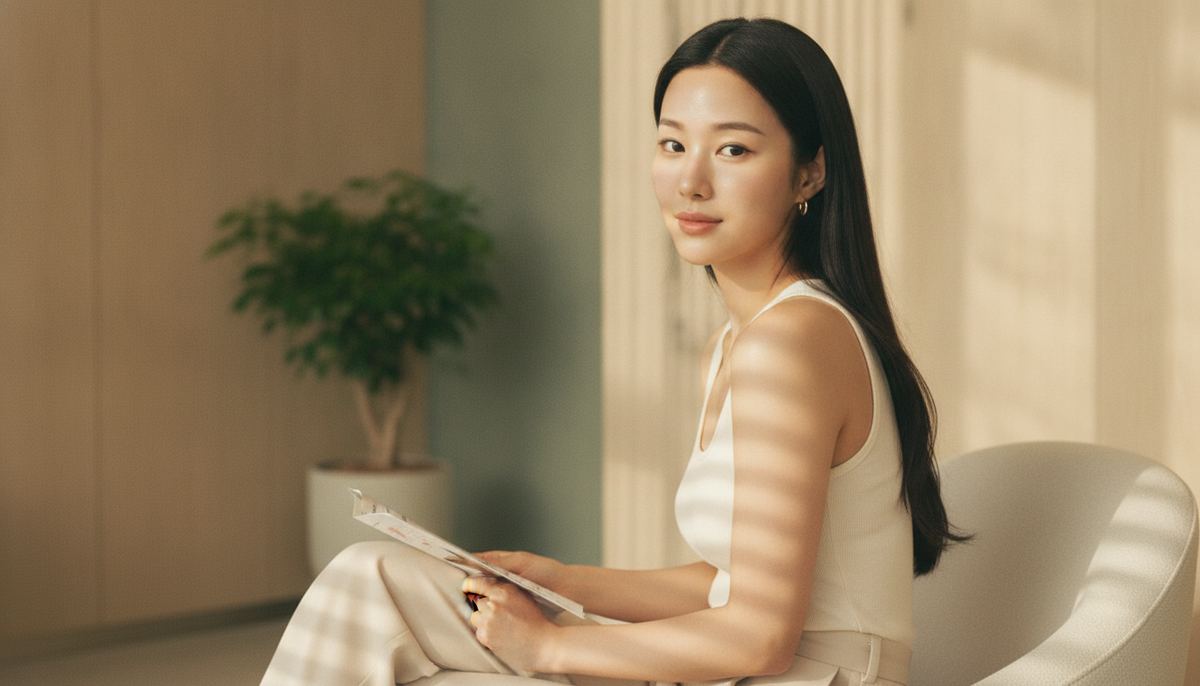 A young Korean woman waits in a sunlit dermatology clinic consultation room, pamphlet in hand