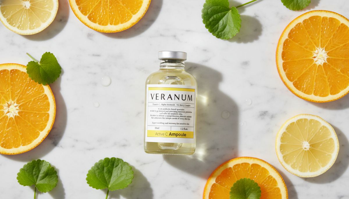 Editorial overhead shot of a Veranum Active C Ampoule bottle on a marble surface with fresh citrus slices and centella asiatica leaves in soft natural light