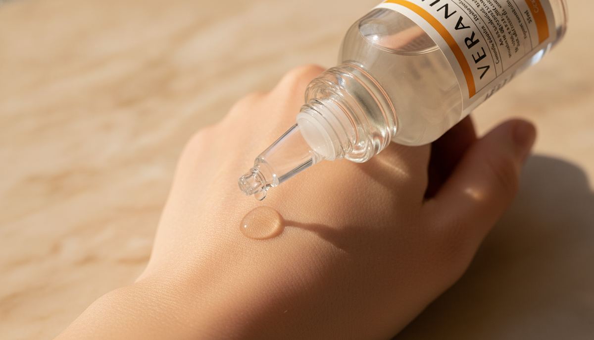 Editorial macro shot of a Veranum Repair Ampoule dispensing serum onto a hand