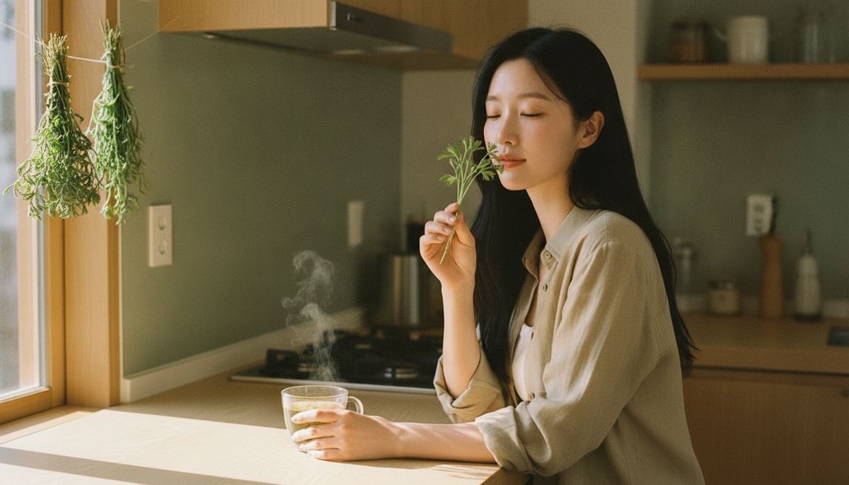 Korean woman smelling a fresh sprig of mugwort in a sunlit kitchen with dried ssuk bundles and herbal tea