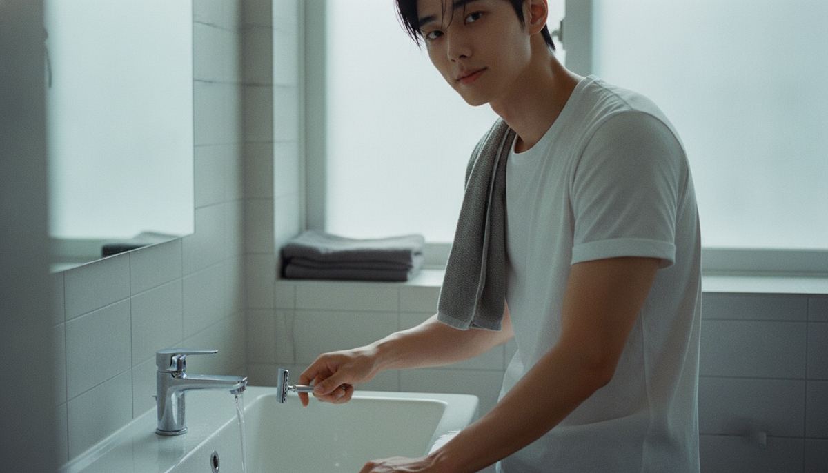 A young Korean man rinsing a safety razor at a bathroom sink in early morning light, towel over his shoulder