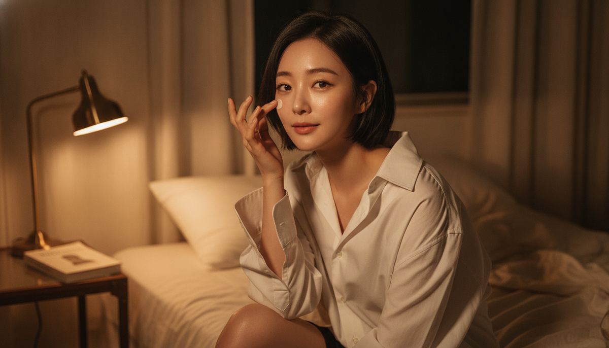 A woman sits on the edge of her bed in warm lamplight, pressing night cream into her cheekbone