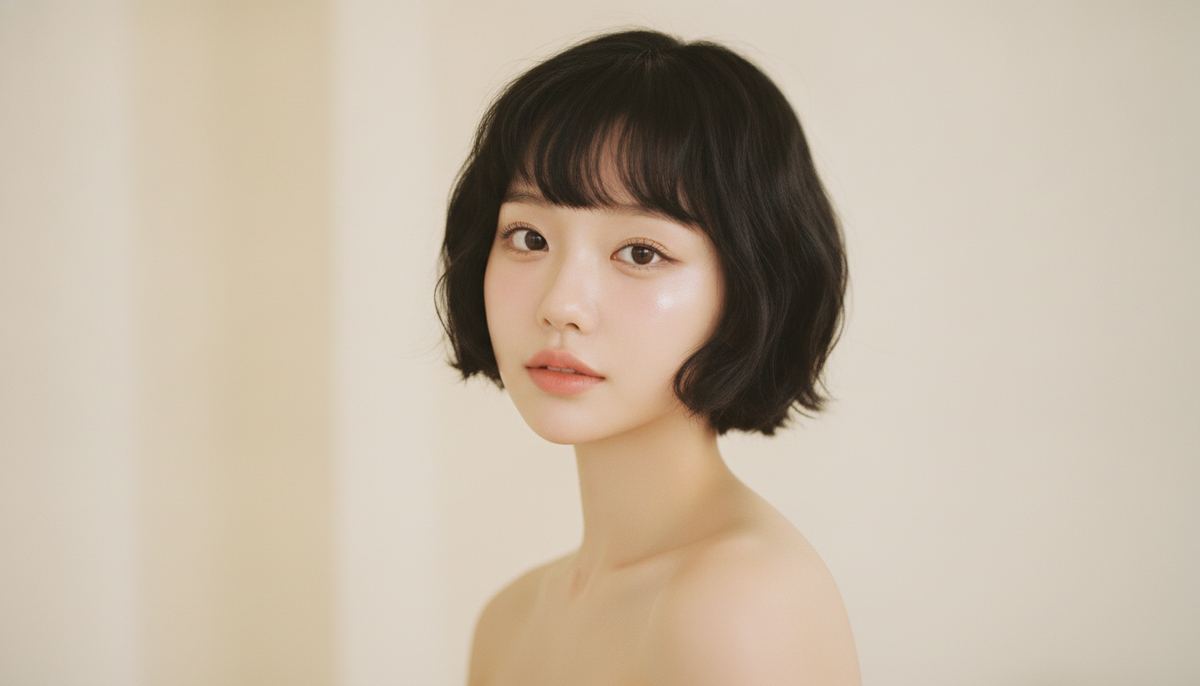 Editorial K-beauty portrait of a woman with calm, clear, glowing skin, illustrating azelaic acid for redness and dark spots