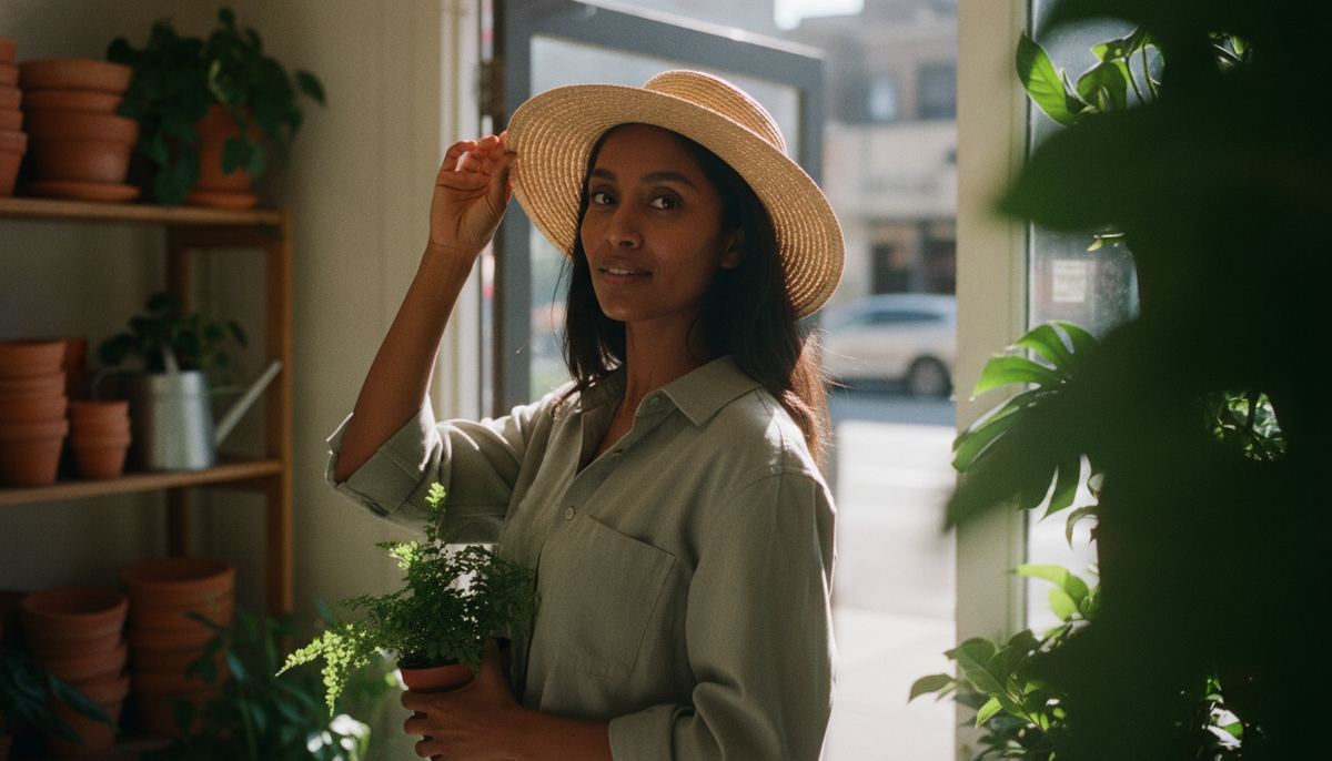 A woman in a sunlit plant shop tipping back a wide-brimmed straw sun hat, warm daylight and leaf shadows across the wall