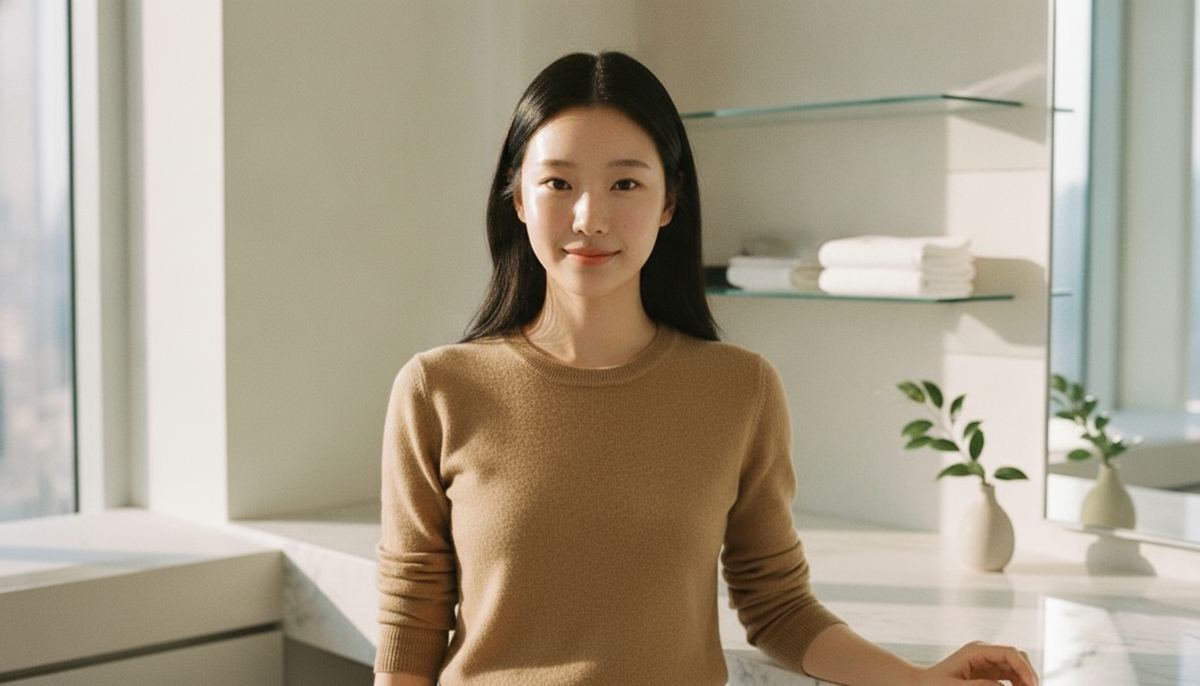 A young Korean woman in a camel sweater standing at a bright clinic-style vanity in soft autumn morning light
