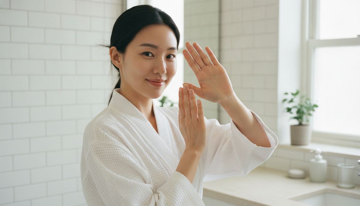 A young Korean woman in a white waffle robe holding both hands away from her freshly treated face in a bright bathroom