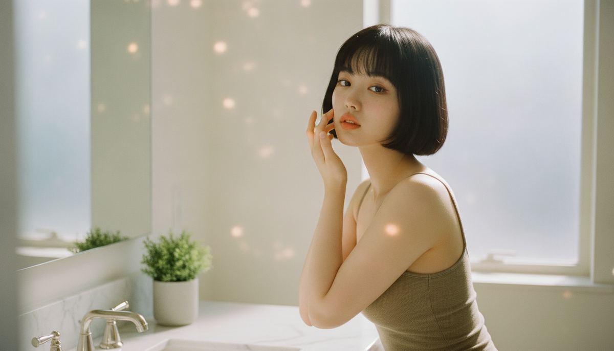 Woman with an even, luminous complexion touching her cheek at a sunlit bathroom vanity — tranexamic acid brightening guide