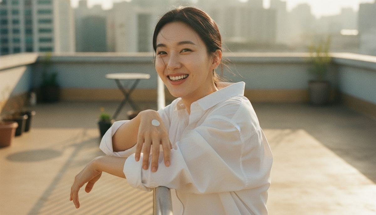 A young Korean woman laughing on a Seoul rooftop at sunrise with a dab of watery sunscreen on the back of her hand