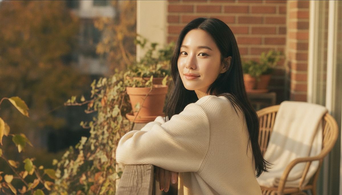 Young Korean woman in an ivory cardigan on a sunlit autumn balcony, smiling over her shoulder with bright, even skin in warm morning light