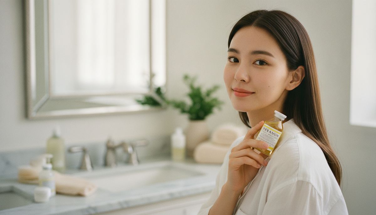 Korean woman in a bright powder room holding the VERANUM Active C Ampoule, a stabilized vitamin C treatment for the look of dark spots