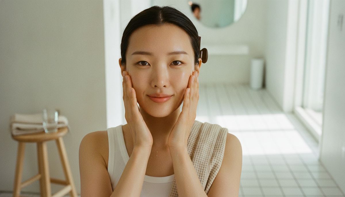 A young Korean woman pressing both palms to her damp cheeks — the first step of skin flooding