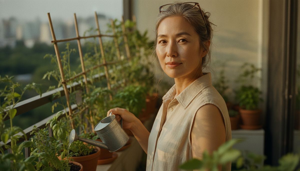 A Korean woman in her mid-fifties watering herbs on her balcony garden at dawn on a summer morning — Korean skincare for menopausal skin