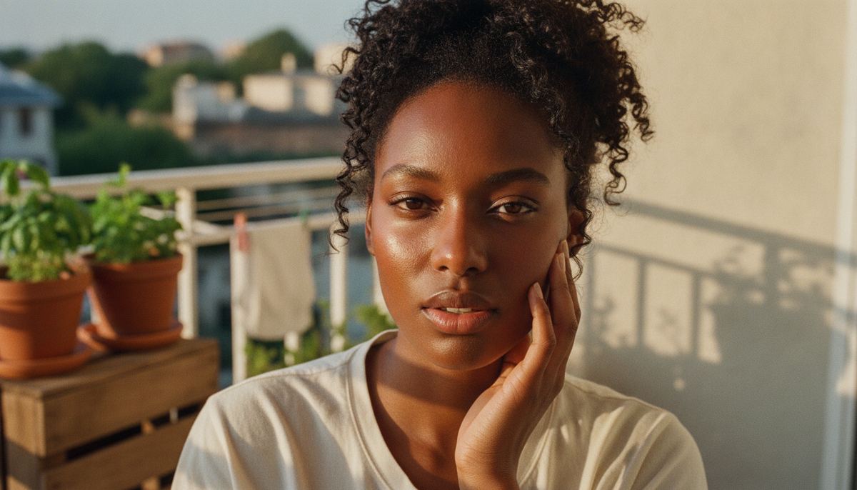 A woman on a sunlit balcony pressing a hydrating essence into her cheek, part of a four-week Korean glow-up routine
