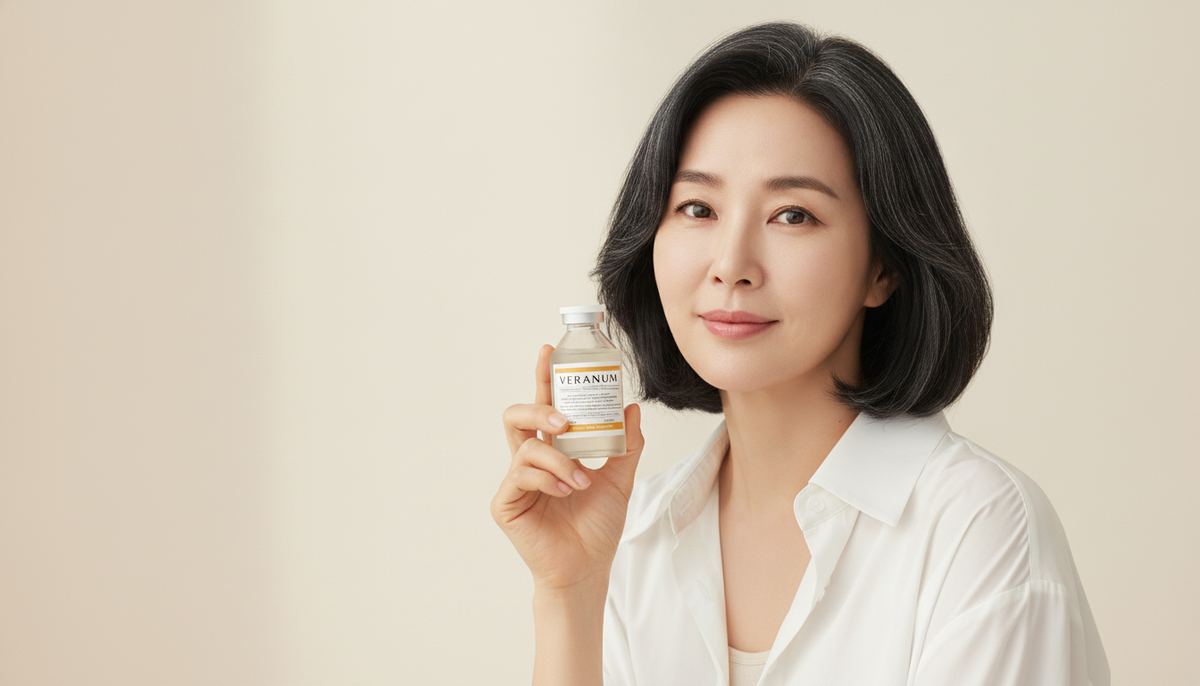 Elegant Korean woman in her 50s with silver-touched hair holding a Veranum Cicapair Repair Ampoule, soft cream studio background