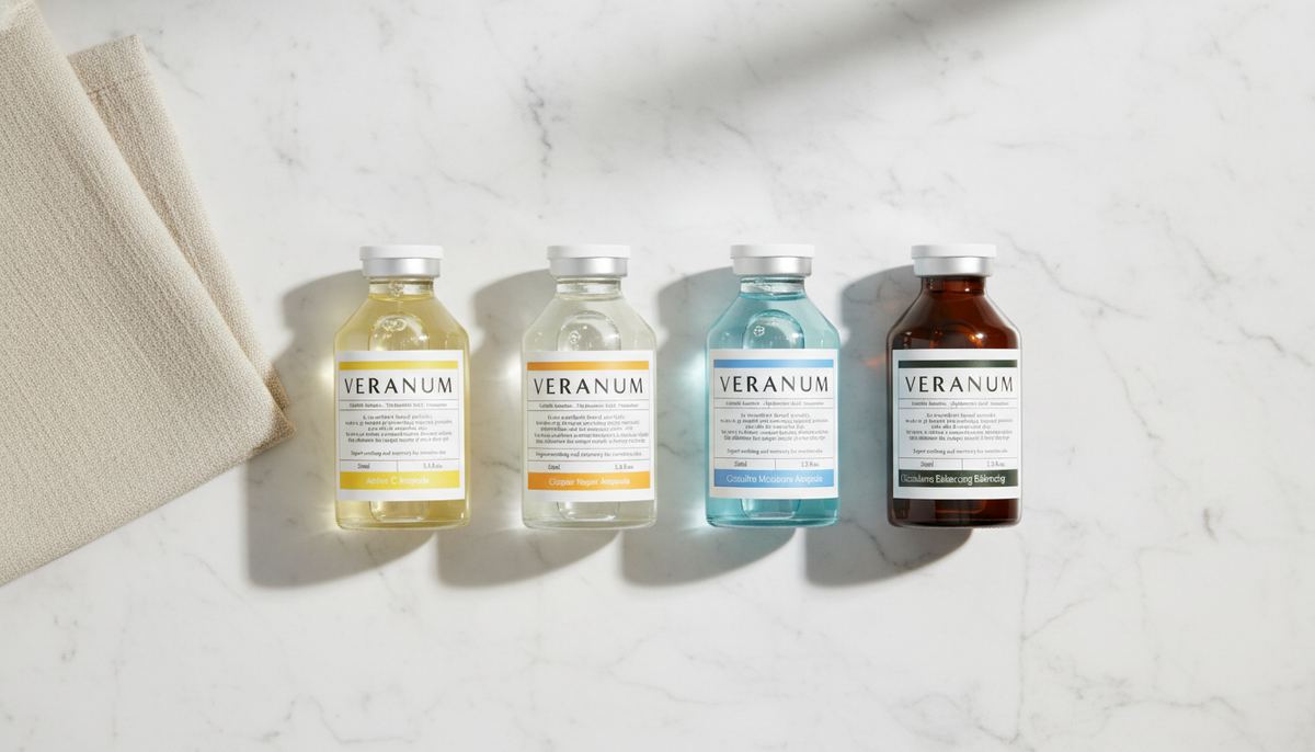 Editorial overhead shot of a marble bathroom counter with the full Veranum ampoule lineup — Active C, Cicapair Repair, Cicaultra Moisture, and Cicazulene Balancing — arranged with a folded linen towel in soft morning light