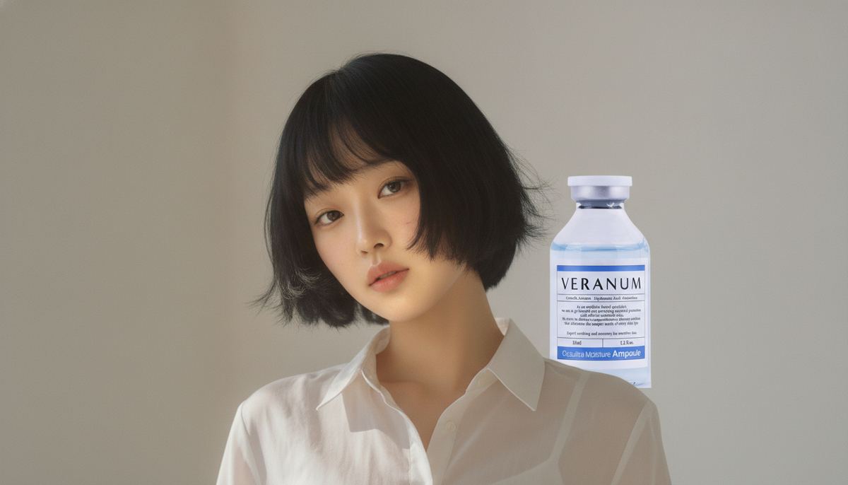 Soft natural light falling on a face with visibly dry, tight skin and a small flake near the cheekbone, with a frosted Veranum Cicaultra Moisture Ampoule bottle out of focus in the background
