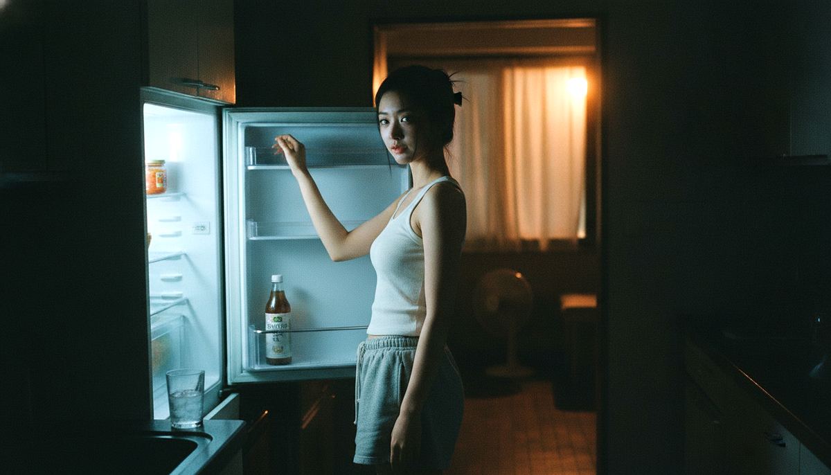 A woman standing in the light of an open refrigerator on a hot August night, the kind of dry-air evening that makes skin feel tight by morning