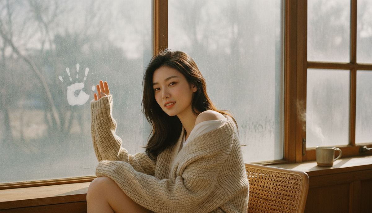 A woman in an oversized oatmeal knit sits by a fogged sunroom window on a cold morning, her palm pressed to the misted glass.