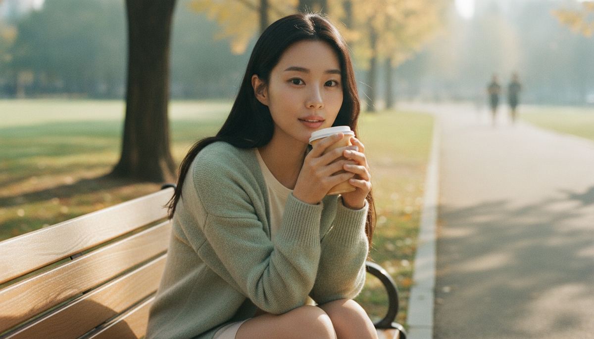 Woman in a sage cardigan holding a warm drink on a park bench in cool early-autumn morning light
