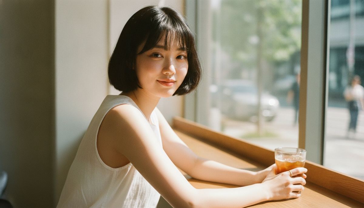 Young Korean woman with a dewy glass-skin glow at a sunlit cafe window on a late-summer morning
