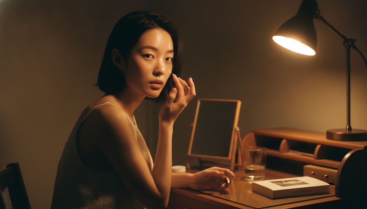 Woman applying moisturizer at a lamplit desk during her night-time retinol routine