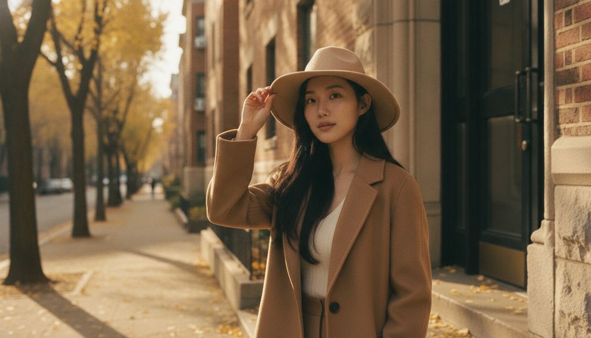 Woman in a camel coat tipping a wide-brimmed hat on a tree-lined street in golden October morning light — everyday shade as part of melasma maintenance