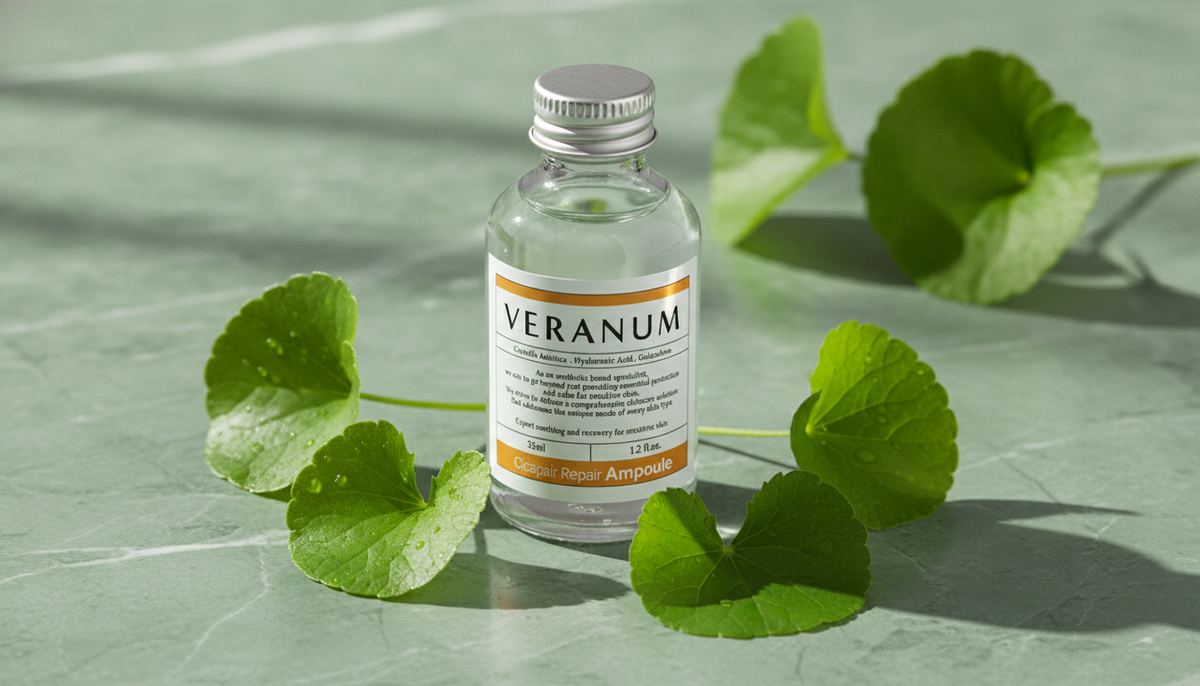 Editorial macro shot of fresh centella asiatica leaves arranged around a Veranum Cicapair Repair Ampoule glass bottle on a sage marble surface in soft directional light
