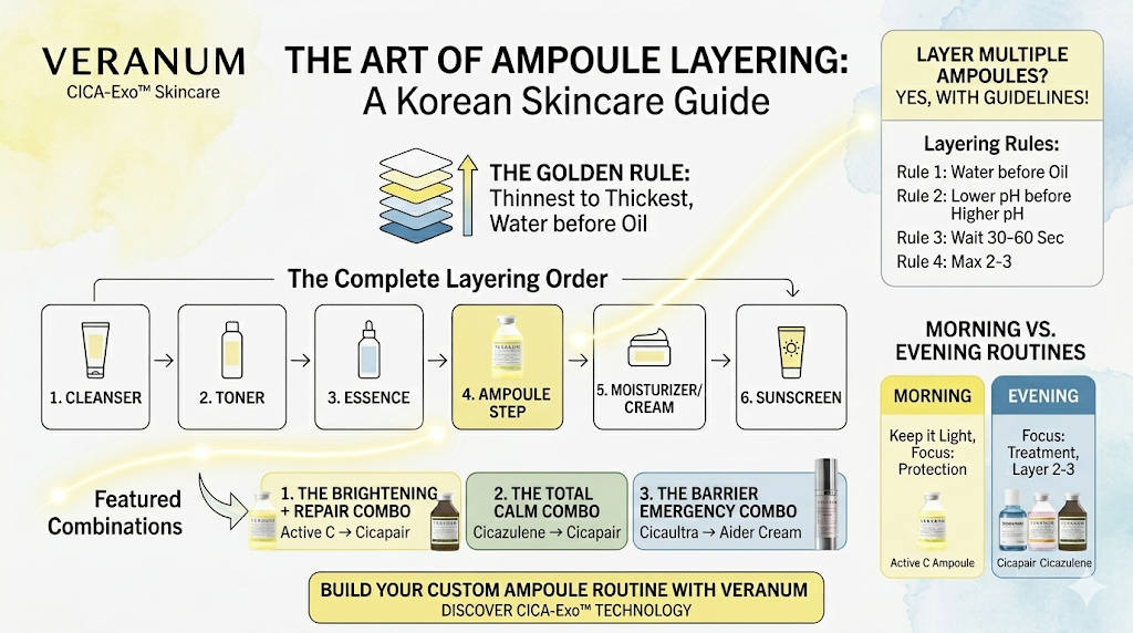 Editorial flat lay of four Veranum ampoule bottles arranged in routine order on a sage marble surface in soft morning light