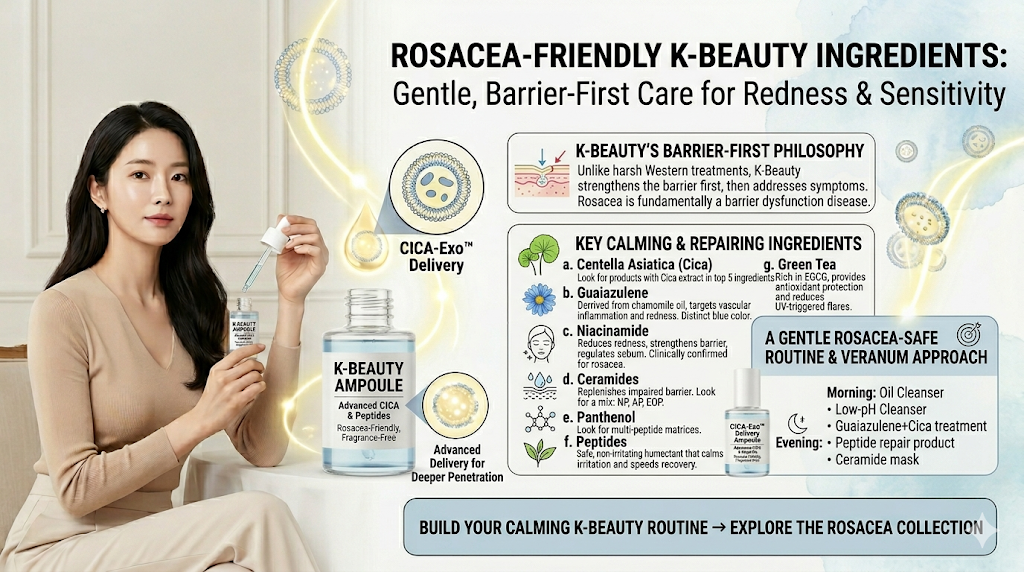 Soft natural light on a fair-skinned cheek with diffuse rosacea-pattern redness, with a frosted Veranum Cicazulene Balancing Ampoule out of focus on a marble surface