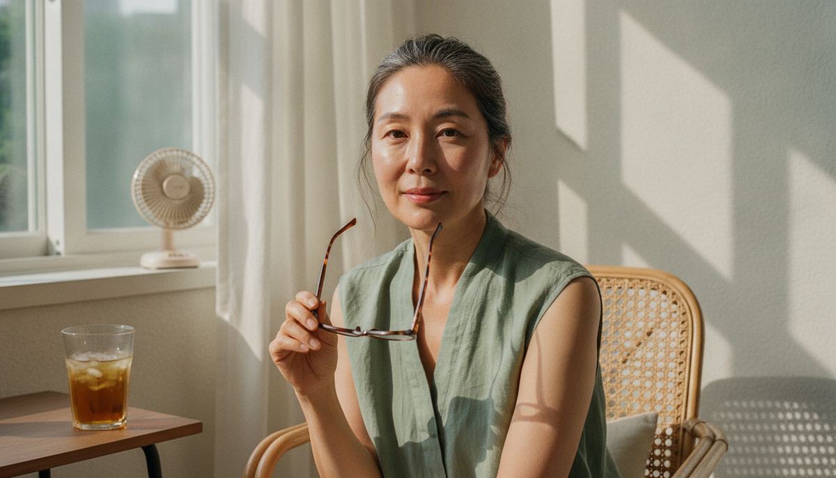 A Korean woman in her late fifties takes off her reading glasses in a sunlit summer reading corner
