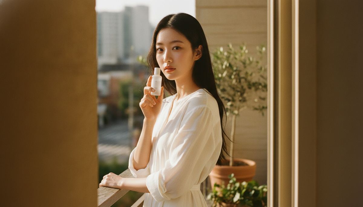Korean woman in her twenties holding a small unbranded serum bottle on a sunlit October balcony - choosing the right niacinamide strength