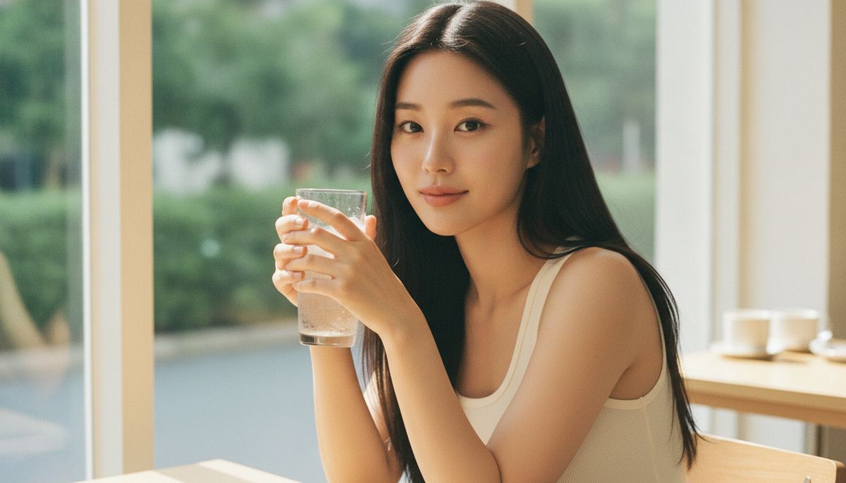 A young Korean woman at a bright summer cafe window holding a cold glass of iced water with both hands